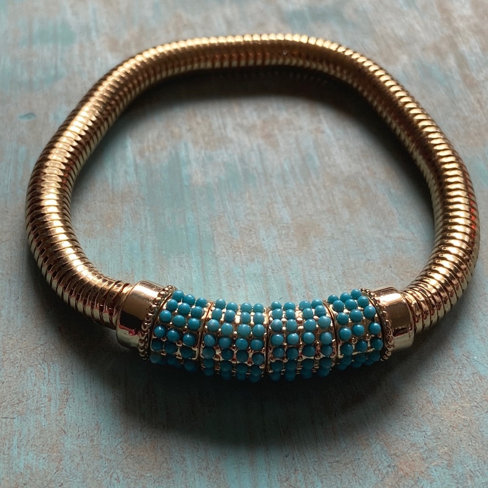 BCBG Gold and Turquoise Bead Stretchy Snake Bracelet
